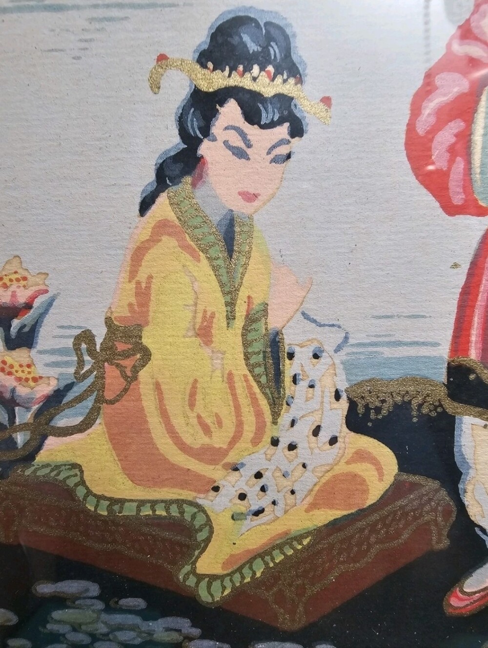 Mid-Century Japanese Signed Gouache Painting Vibrant Figures & Pagoda - Picture 5 of 15